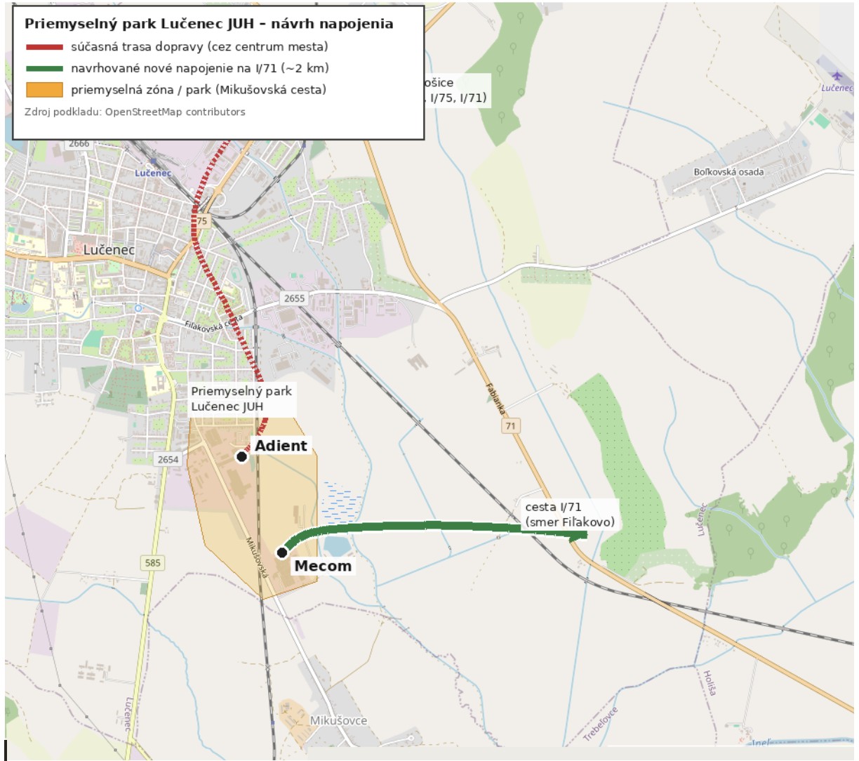 Mapa: súčasná trasa dopravy cez centrum Lučenca (červená) a navrhované priame napojenie priemyselného parku na cestu I/71 (zelená)